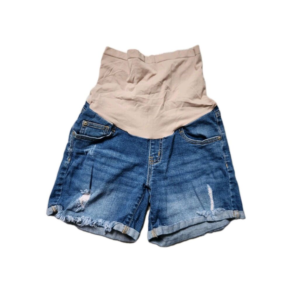 Indigo Blue Maternity Denim Shorts Distressed Stretch Belly Panel Cuffed XS GUC